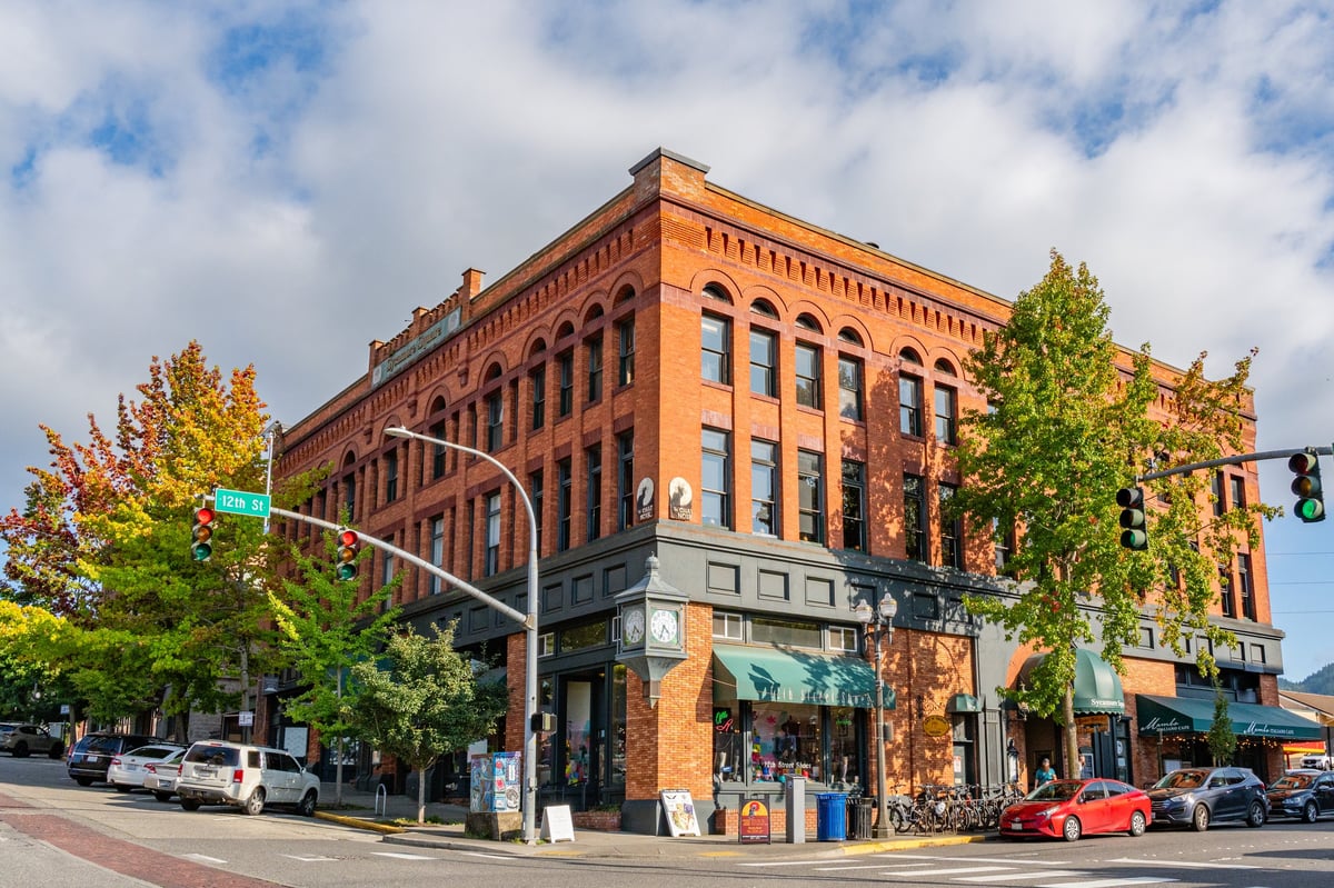 Small-town main street with local storefronts