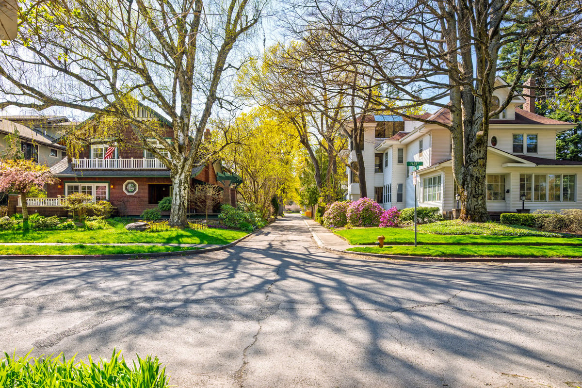 Picturesque tree-lined street in a historic residential district