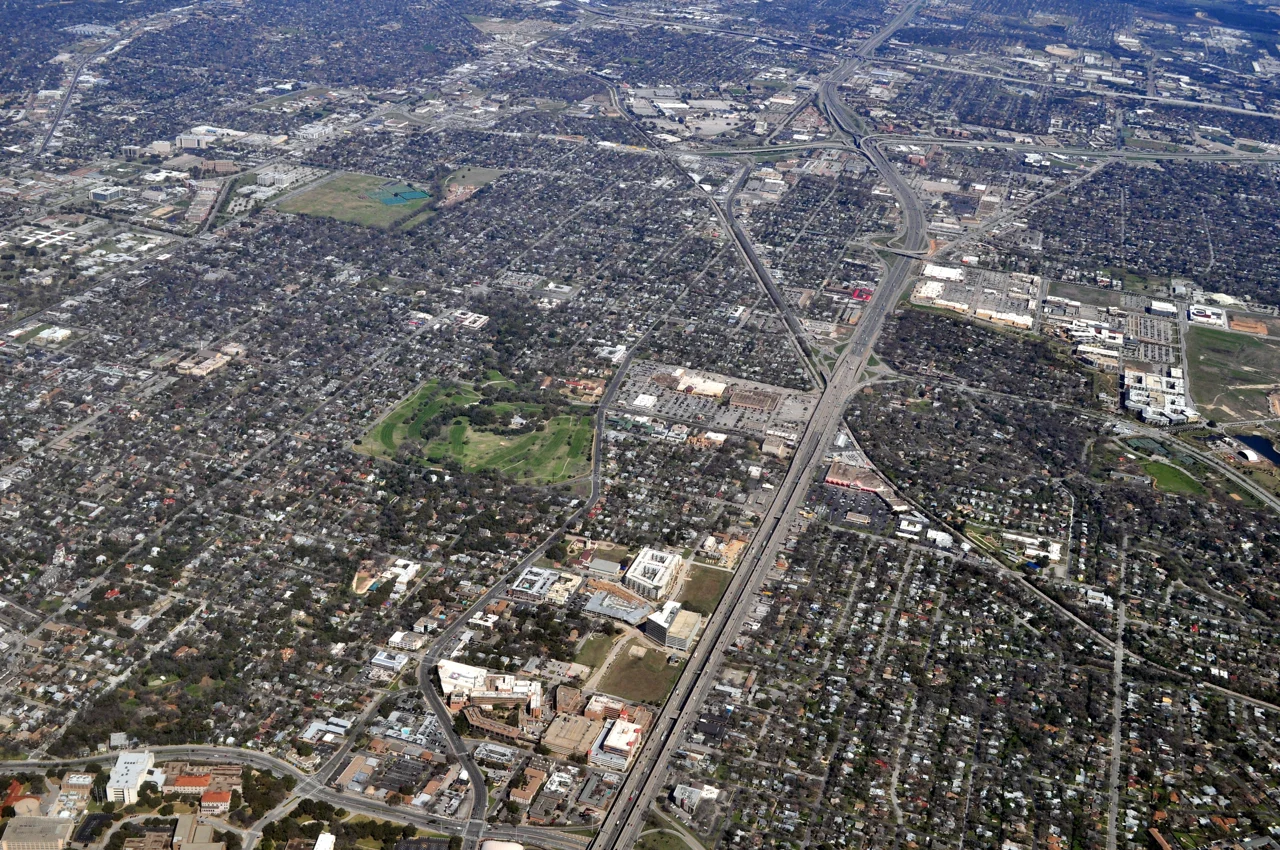 Aerial view of Hyde Park and nearby Austin neighborhoods, looking slightly west of north.