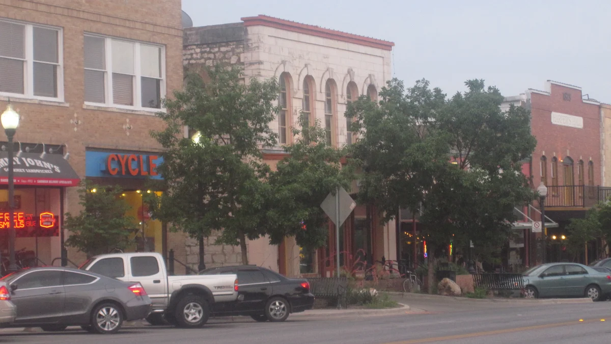 Historic storefronts along the 100 block of East Hopkins Street in downtown San Marcos.