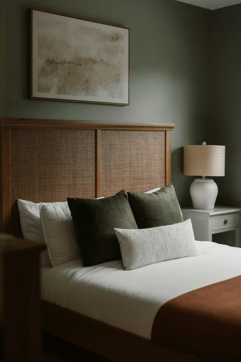 A neatly made bed in a softly lit bedroom. Illustrative photography, not a local listing.