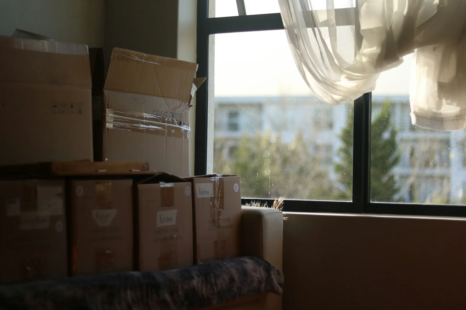 Packed moving boxes beside a window. Illustrative photography, not a local listing.