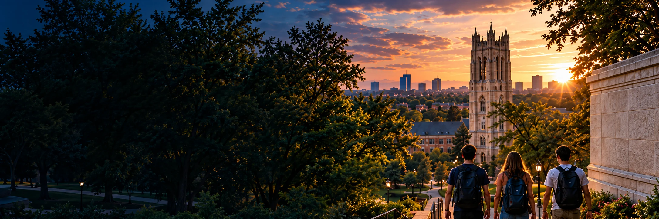 College campus skyline at sunset