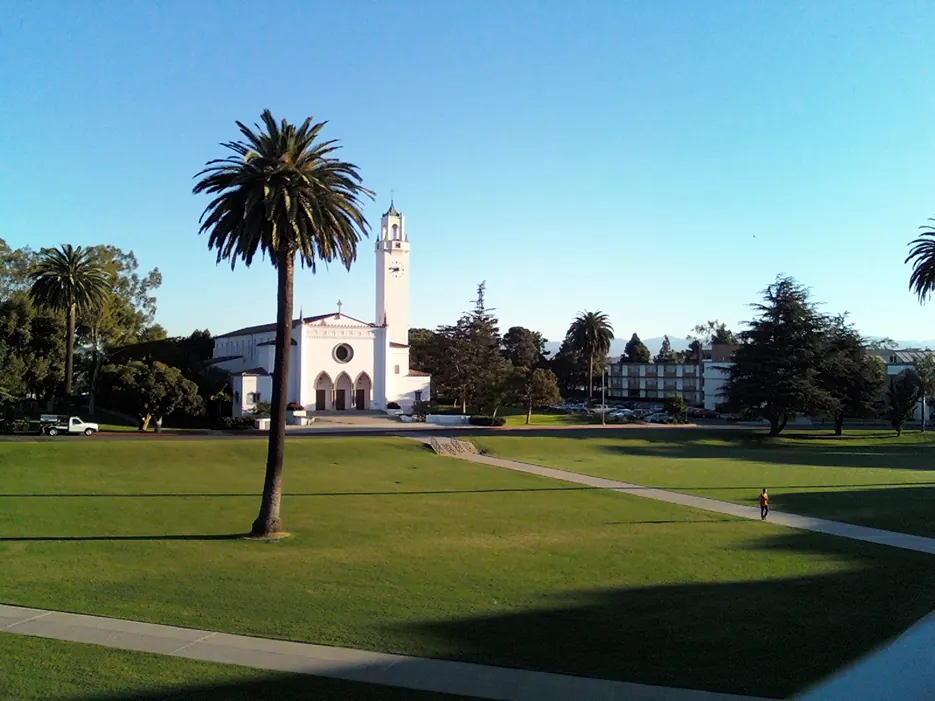 Sunken Gardens and Sacred Heart Chapel on the Loyola Marymount University campus.