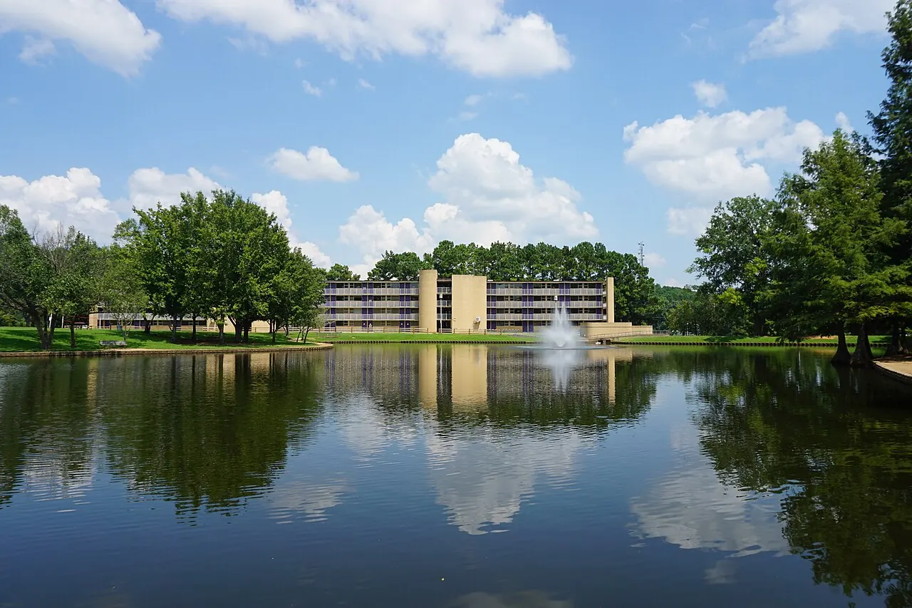 Ag Pond and Hall 20 on the Stephen F. Austin State University campus in Nacogdoches, Texas.