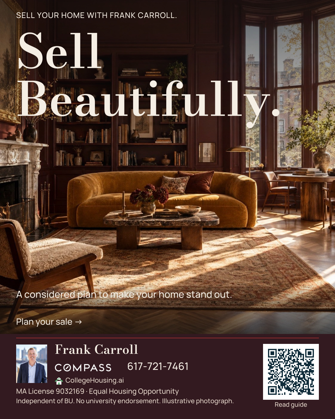 Sell beautifully — finished seller campaign for Frank Carroll, Compass. Illustrative home.