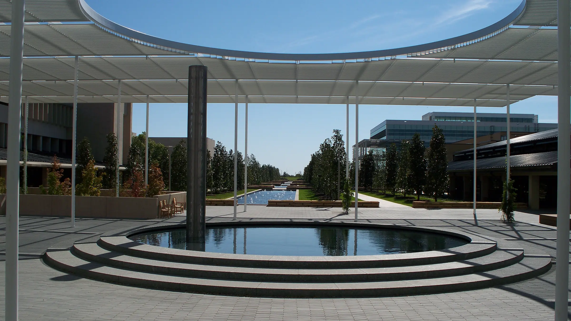 Main mall and reflecting pools at the University of Texas at Dallas