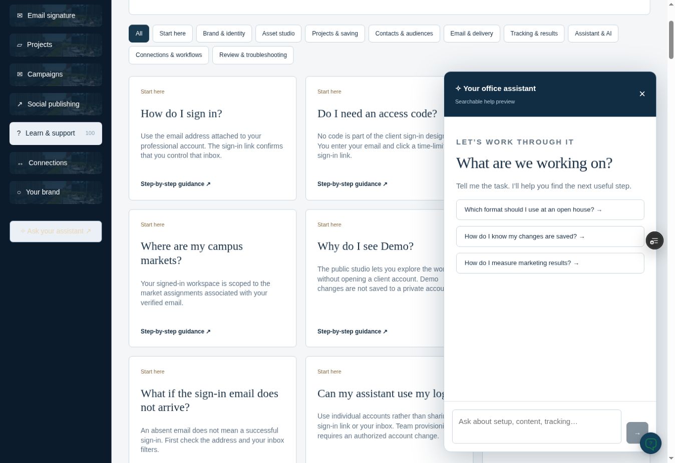 Actual back-office screenshot: Your office assistant
