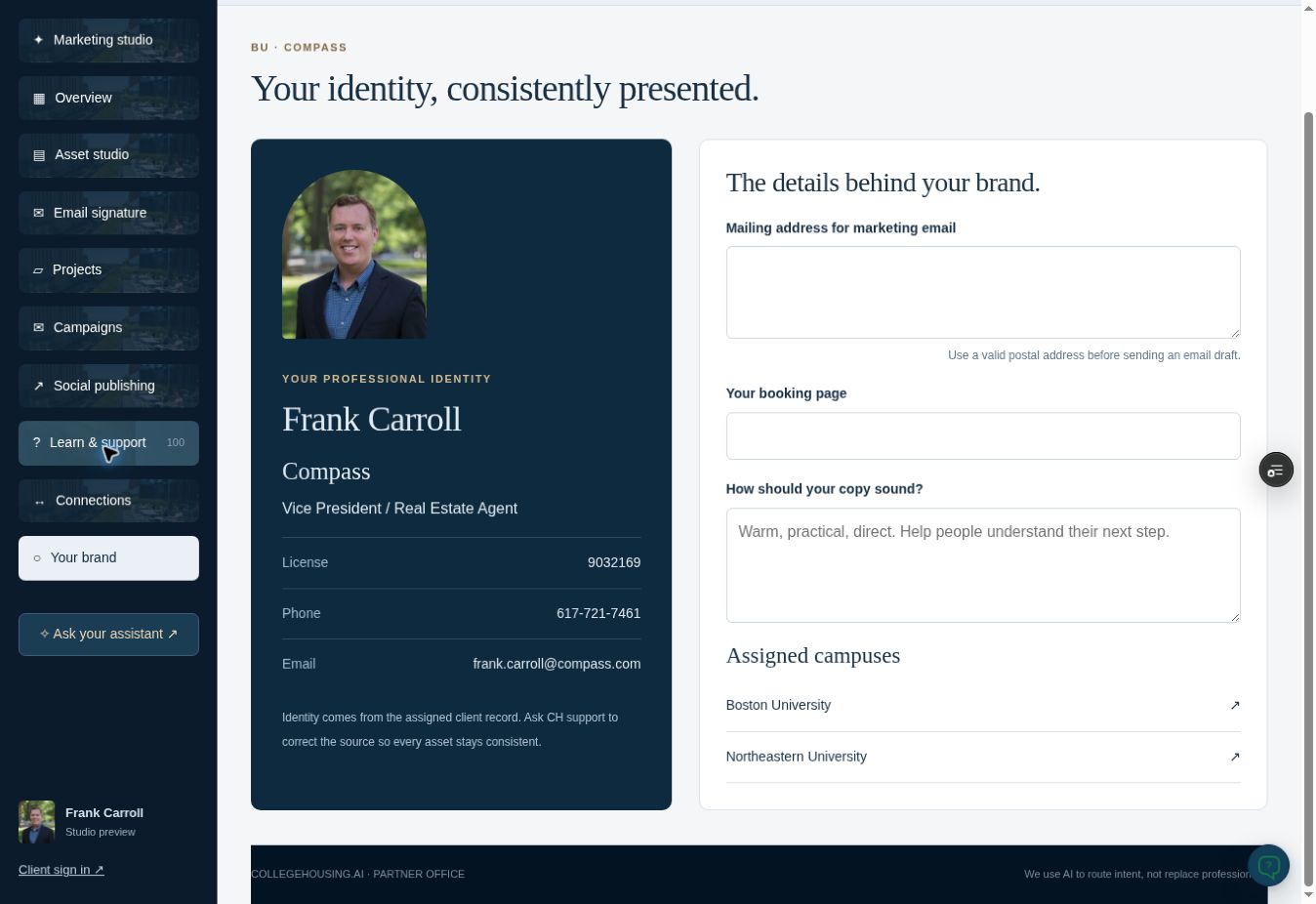 Actual back-office screenshot: Your brand & contact details