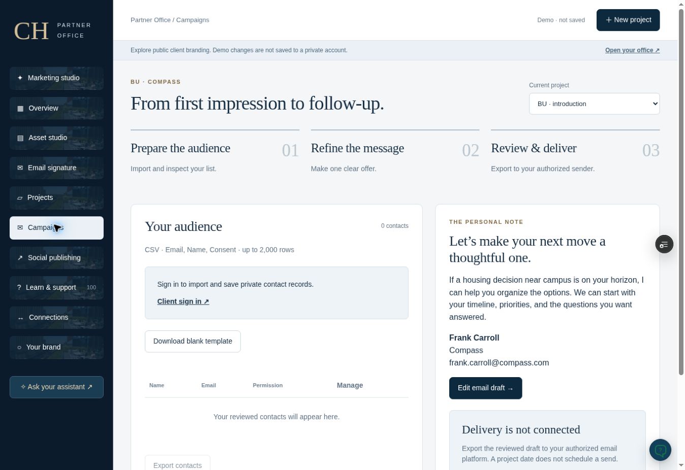 Actual back-office screenshot: Email campaigns & audiences