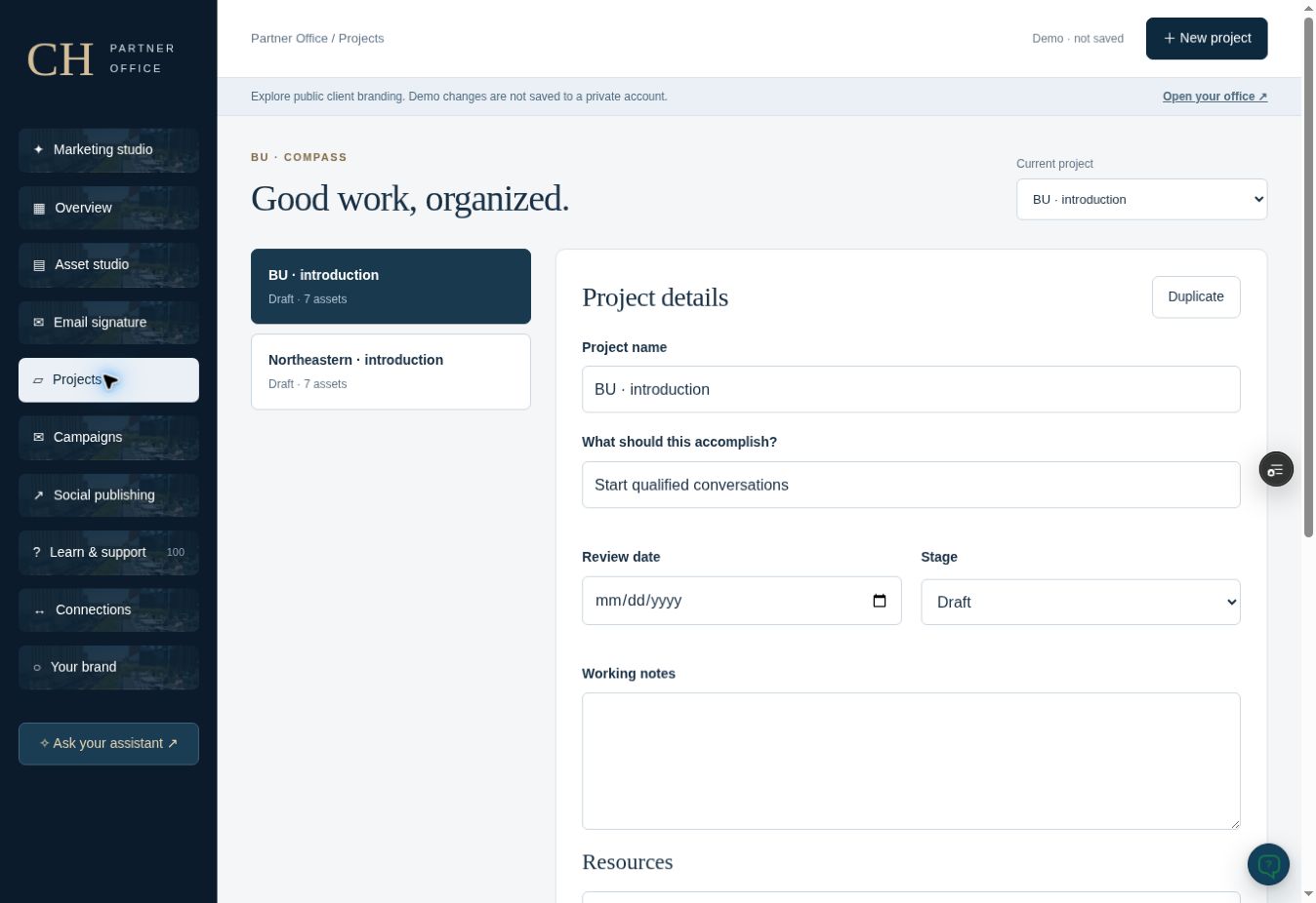 Actual back-office screenshot: Projects & review steps