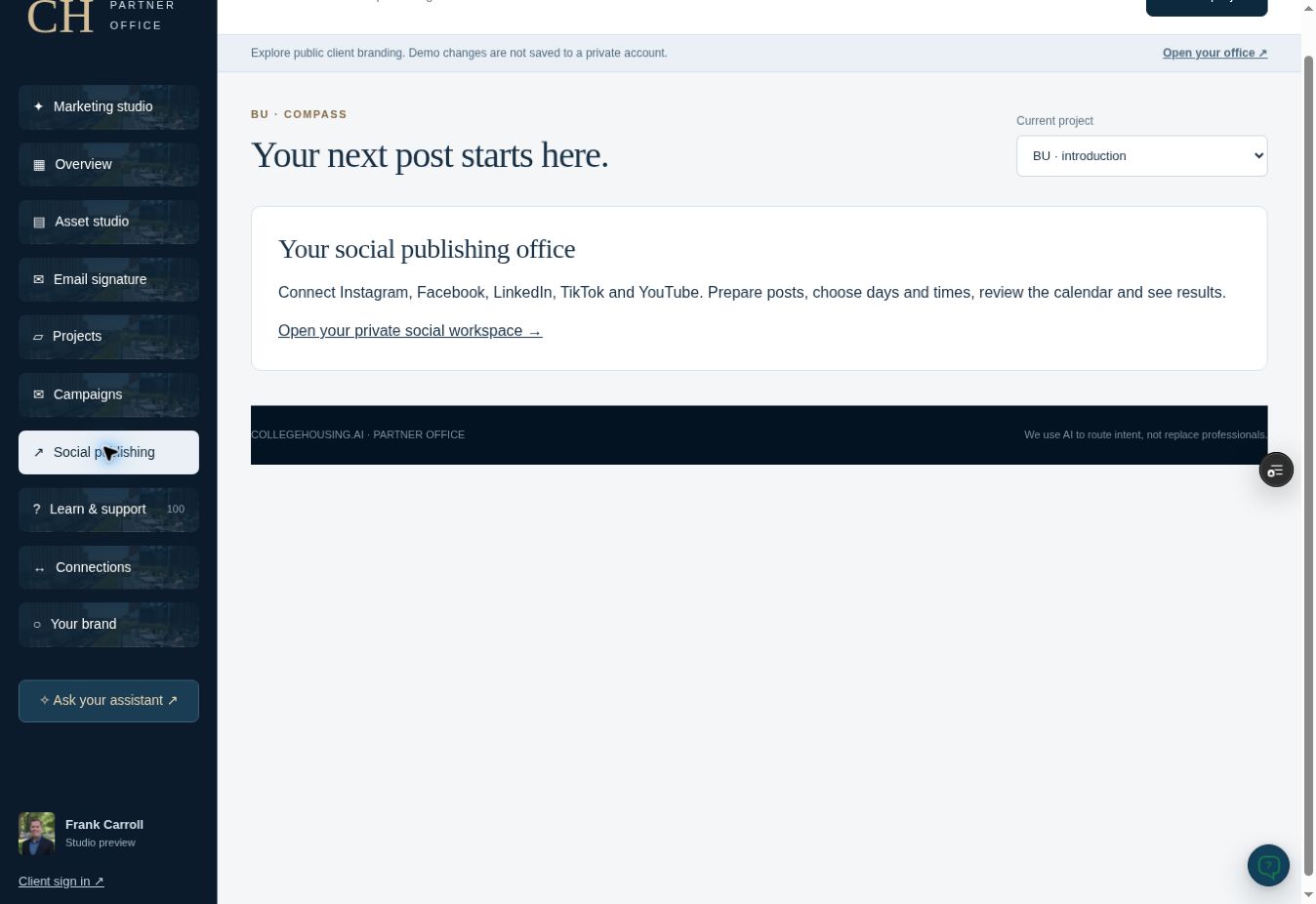 Actual back-office screenshot: Social sharing workspace