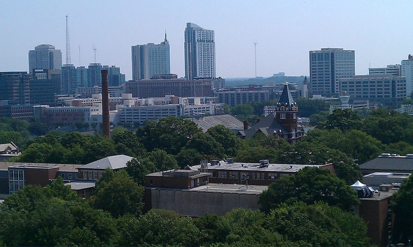 Georgia Tech East Campus and Tech Tower, with the Atlanta skyline in the background.