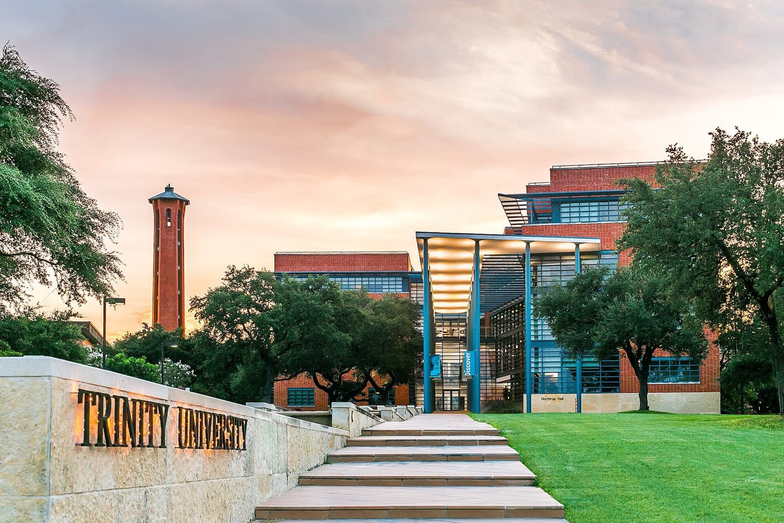 Northrup Hall at sunset on the Trinity University campus in San Antonio, Texas